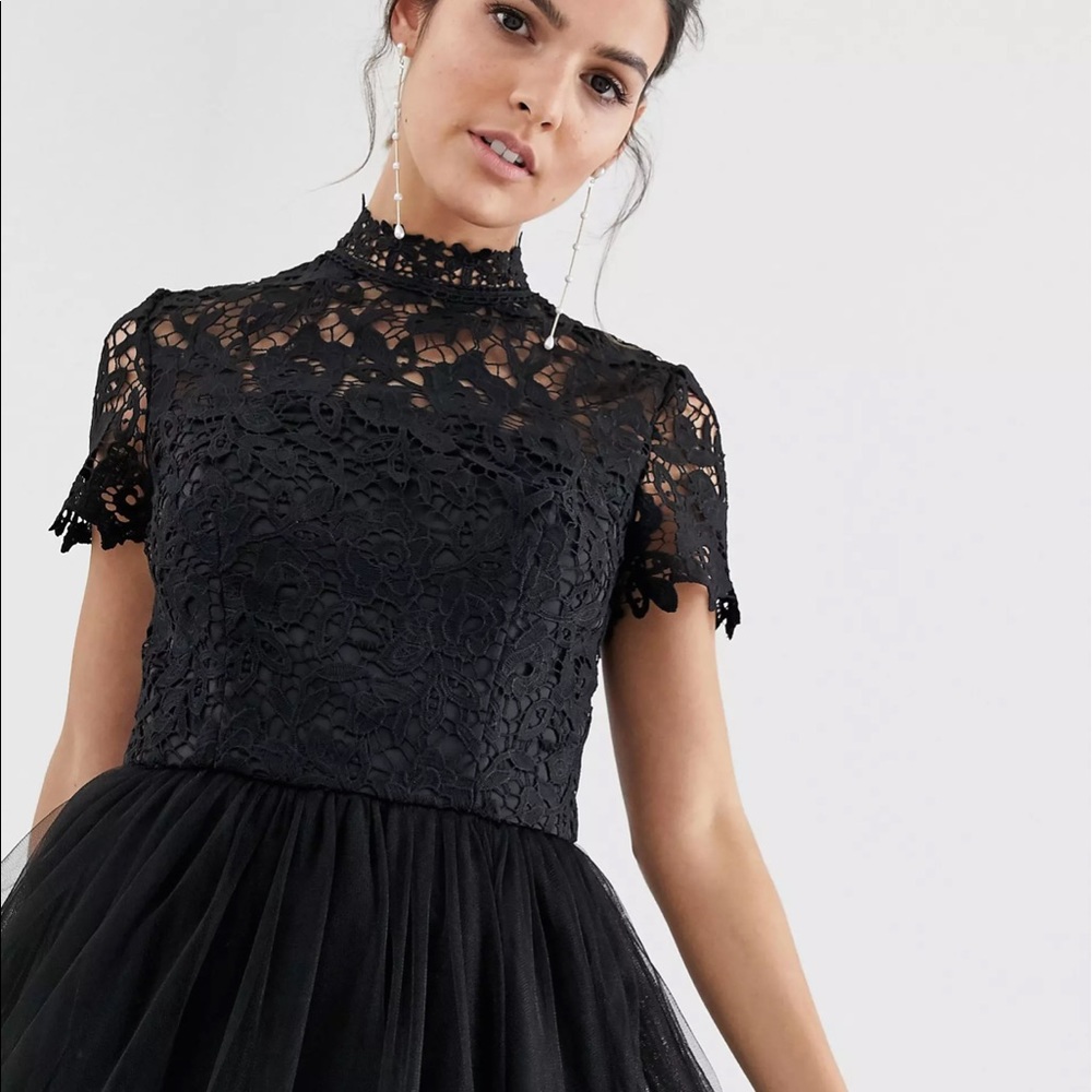 Chi Chi London Black Lace Tulle Tea-Length Dress - Picture 13 of 15